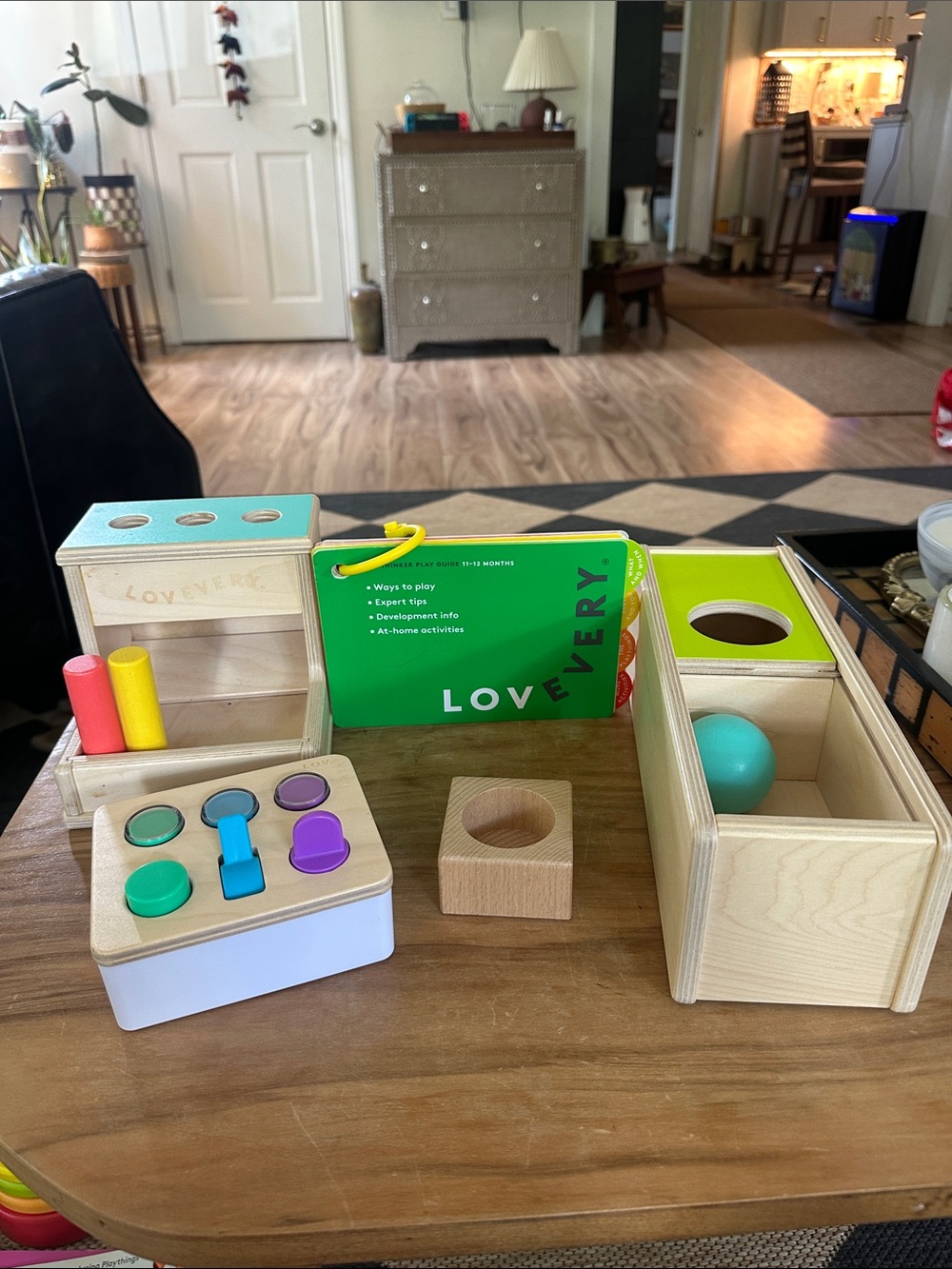 Lovevery toys 11-12 month slide top box, guide, sensory switchboard, peg drop